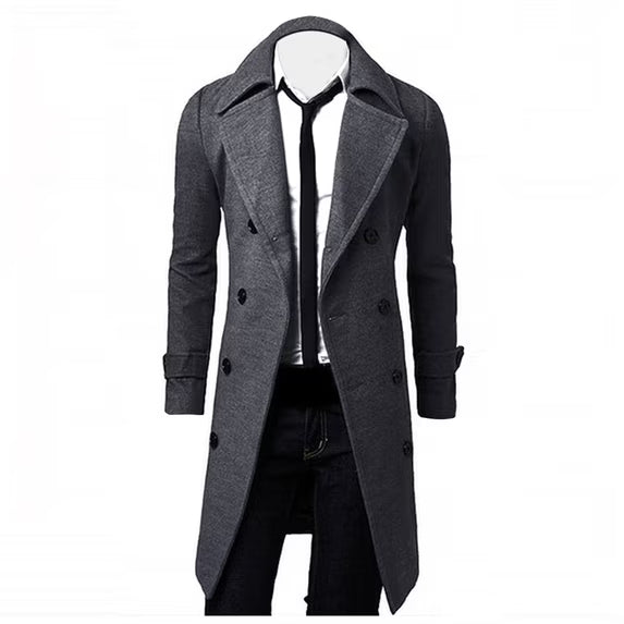 Men’s Double-Breasted Longline Trench Coat – Tailored British-Inspired Layer with Wide Lapels and Cuff Straps