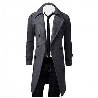 Men’s Double-Breasted Longline Trench Coat – Tailored British-Inspired Layer with Wide Lapels and Cuff Straps