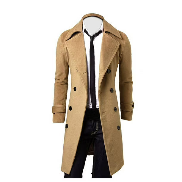 Men’s Double-Breasted Longline Trench Coat – Tailored British-Inspired Layer with Wide Lapels and Cuff Straps