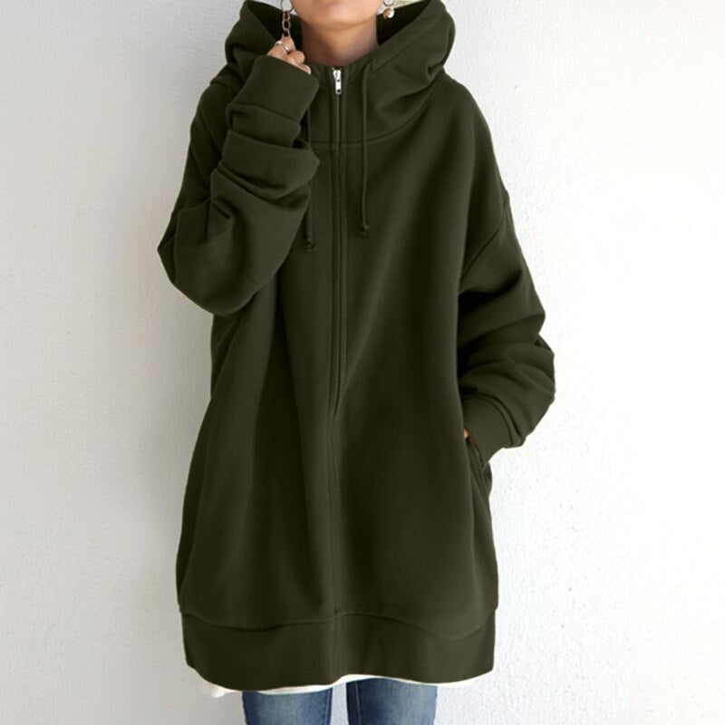 Women’s Oversized Zip-Up Hoodie – Longline Relaxed Sweatshirt Layer with Drawstring Hood for Everyday Comfort