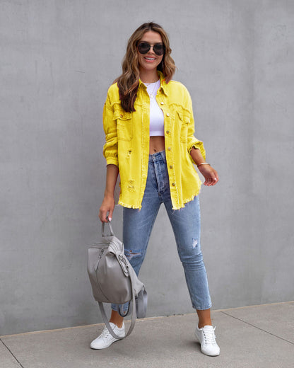 Women’s Distressed Oversized Denim Jacket – Raw-Edge Button-Front Layer with Utility Chest Pockets