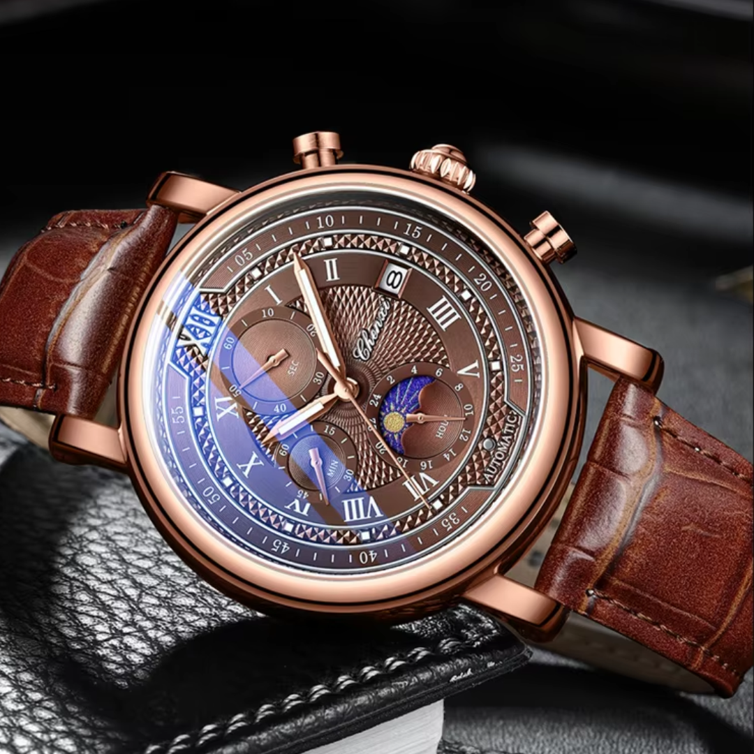Men’s Leather-Strap Chronograph Watch – Classic Everyday Timepiece with Blue Dial