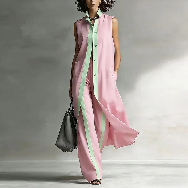 Women’s Longline Two-Piece Set – Sleeveless Button-Front Tunic with Wide-Leg Trousers for Summer City Wear