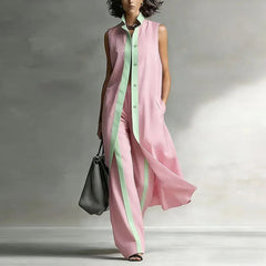 Women’s Longline Two-Piece Set – Sleeveless Button-Front Tunic with Wide-Leg Trousers for Summer City Wear