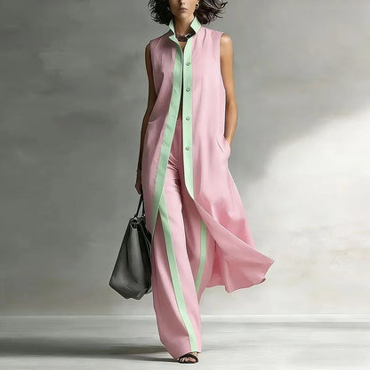 Women’s Longline Two-Piece Set – Sleeveless Button-Front Tunic with Wide-Leg Trousers for Summer City Wear