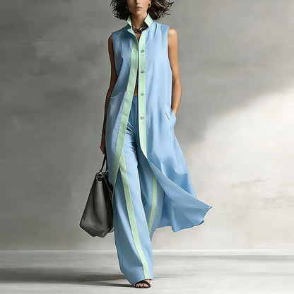 Women’s Longline Two-Piece Set – Sleeveless Button-Front Tunic with Wide-Leg Trousers for Summer City Wear