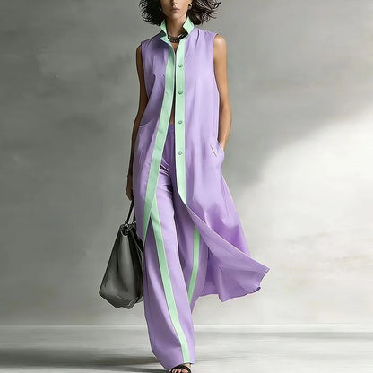 Women’s Longline Two-Piece Set – Sleeveless Button-Front Tunic with Wide-Leg Trousers for Summer City Wear