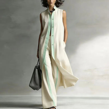 Women’s Longline Two-Piece Set – Sleeveless Button-Front Tunic with Wide-Leg Trousers for Summer City Wear