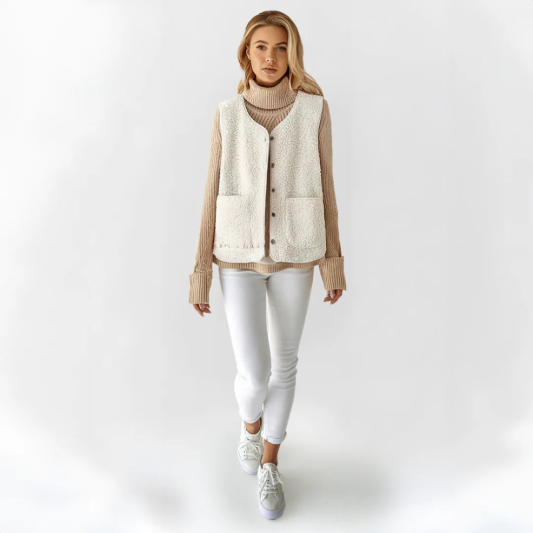 Women’s Teddy Fleece Gilet – Button Front with Patch Side Pockets