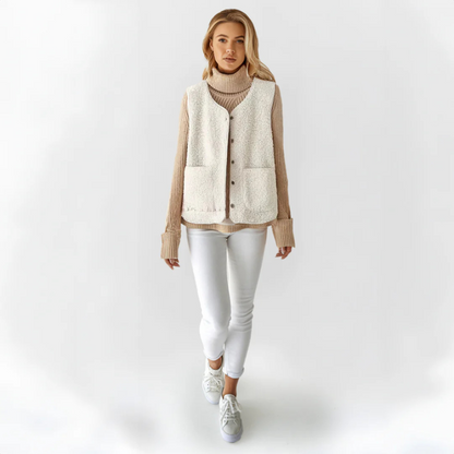Women’s Teddy Fleece Gilet – Button Front with Patch Side Pockets