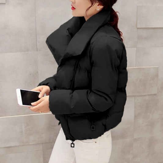 Women’s Asymmetric-Collar Puffer Jacket – Water-Resistant Fitted Layer for Modern Winter Styling