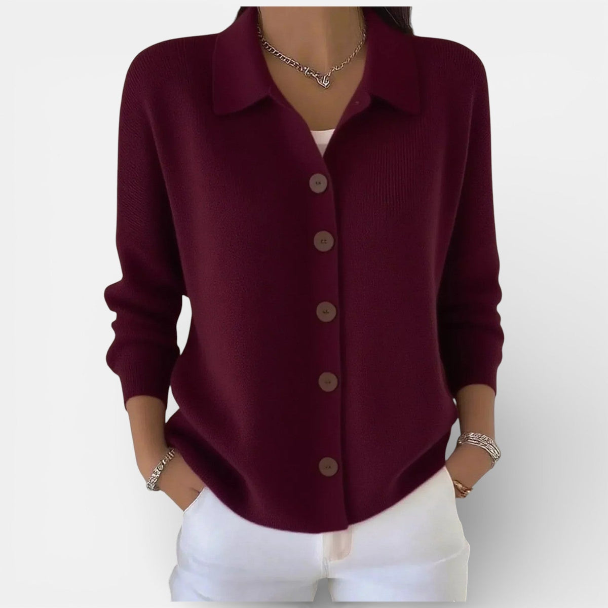 Women’s Knitted Blouse – Polo Collar Top with Full Button Placket