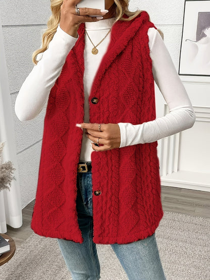 Women’s Long Knitted Waistcoat – Hooded with Button Front