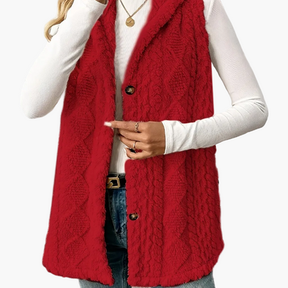 Women’s Long Knitted Waistcoat – Hooded with Button Front