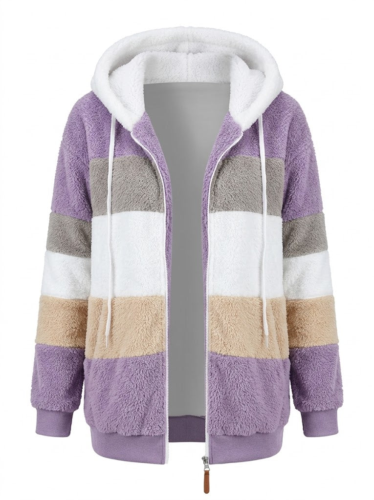 Women’s Colour-Block Teddy Fleece Hooded Jacket – Warm Zip-Up Layer for Winter