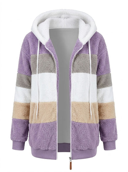 Women’s Colour-Block Teddy Fleece Hooded Jacket – Warm Zip-Up Layer for Winter