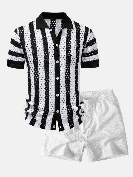 Men’s Printed Open-Knit Holiday Set – Button Shirt with Crinkle Drawstring Shorts