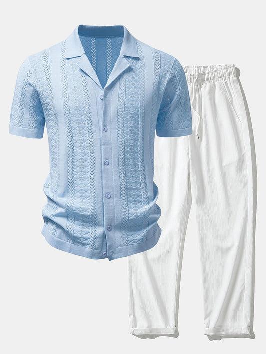 Men’s Viscose Open-Knit Shirt and Crinkle Trousers – Textured Summer Co-Ord