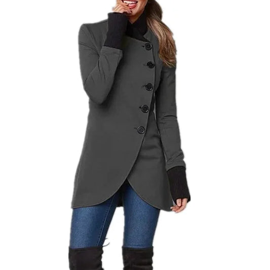 Women’s Asymmetric Button-Front Coat – Tailored Longline Winter Jacket with High Collar and Ribbed Cuffs