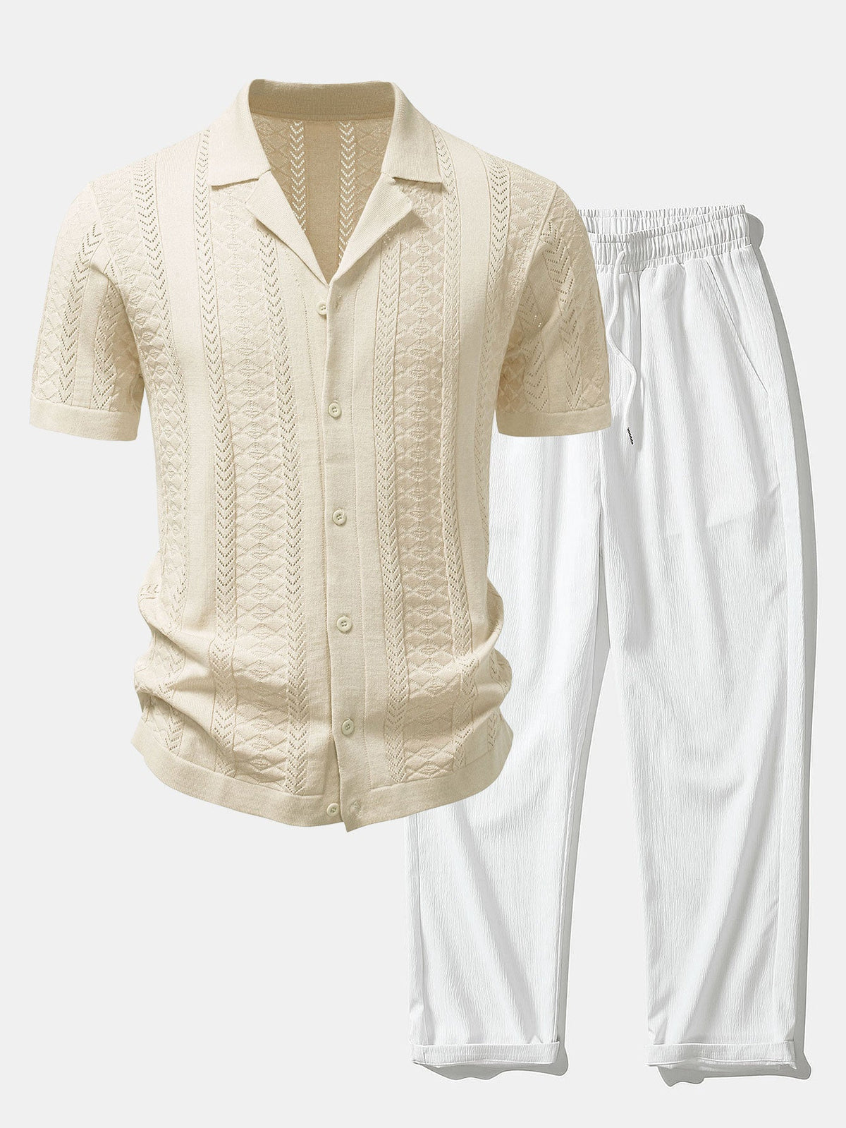 Men’s Viscose Open-Knit Shirt and Crinkle Trousers – Textured Summer Co-Ord