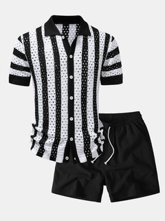 Men’s Printed Open-Knit Holiday Set – Button Shirt with Crinkle Drawstring Shorts