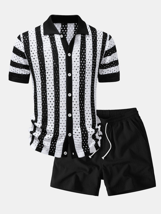 Men’s Printed Open-Knit Holiday Set – Button Shirt with Crinkle Drawstring Shorts