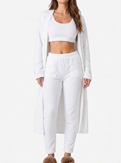 Women’s Plush Three-Piece Loungewear Set – Cropped Tank Top with Longline Cardigan and Elasticated Trousers for Home and Travel