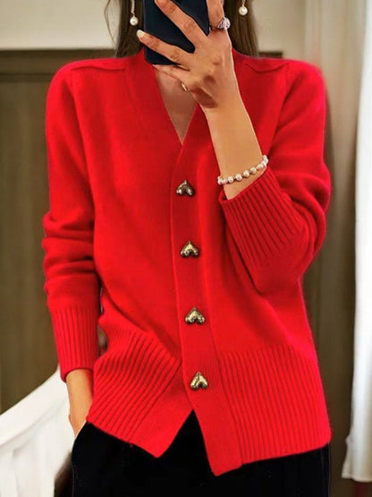 Women’s Heart-Button Knit Cardigan – Elegant V-Neck Layer for Everyday Styling