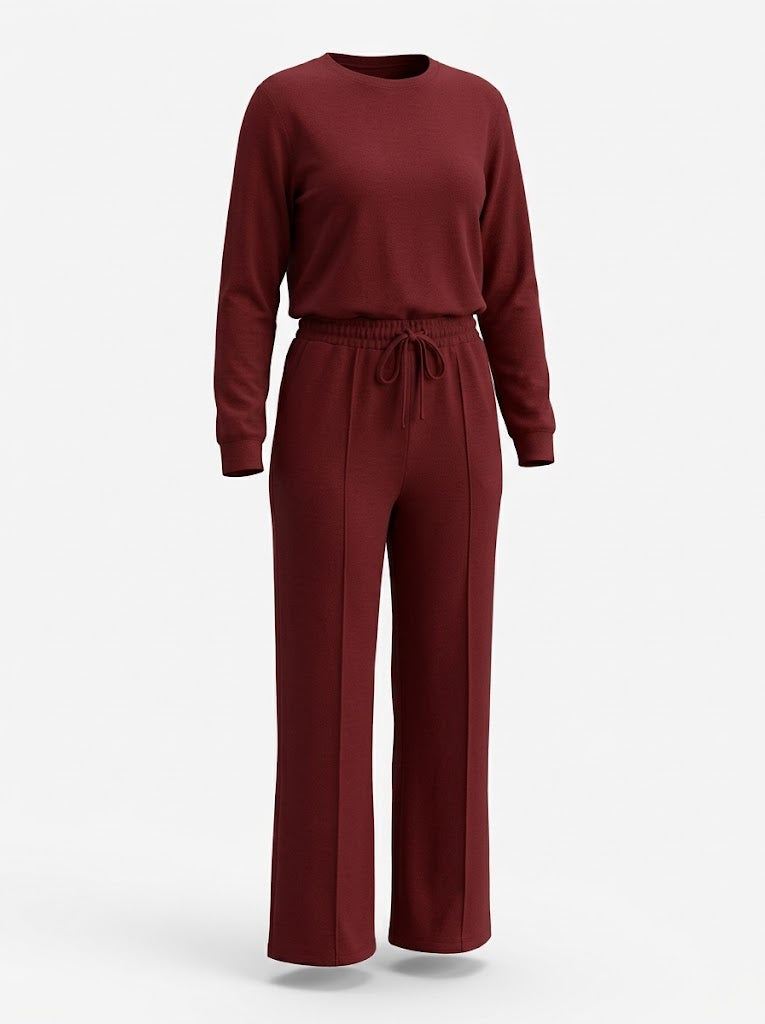 Women’s Drawstring Trouser Co-Ord Set – Relaxed Long-Sleeve Top with Wide-Leg Trousers for Smart Casual Wear
