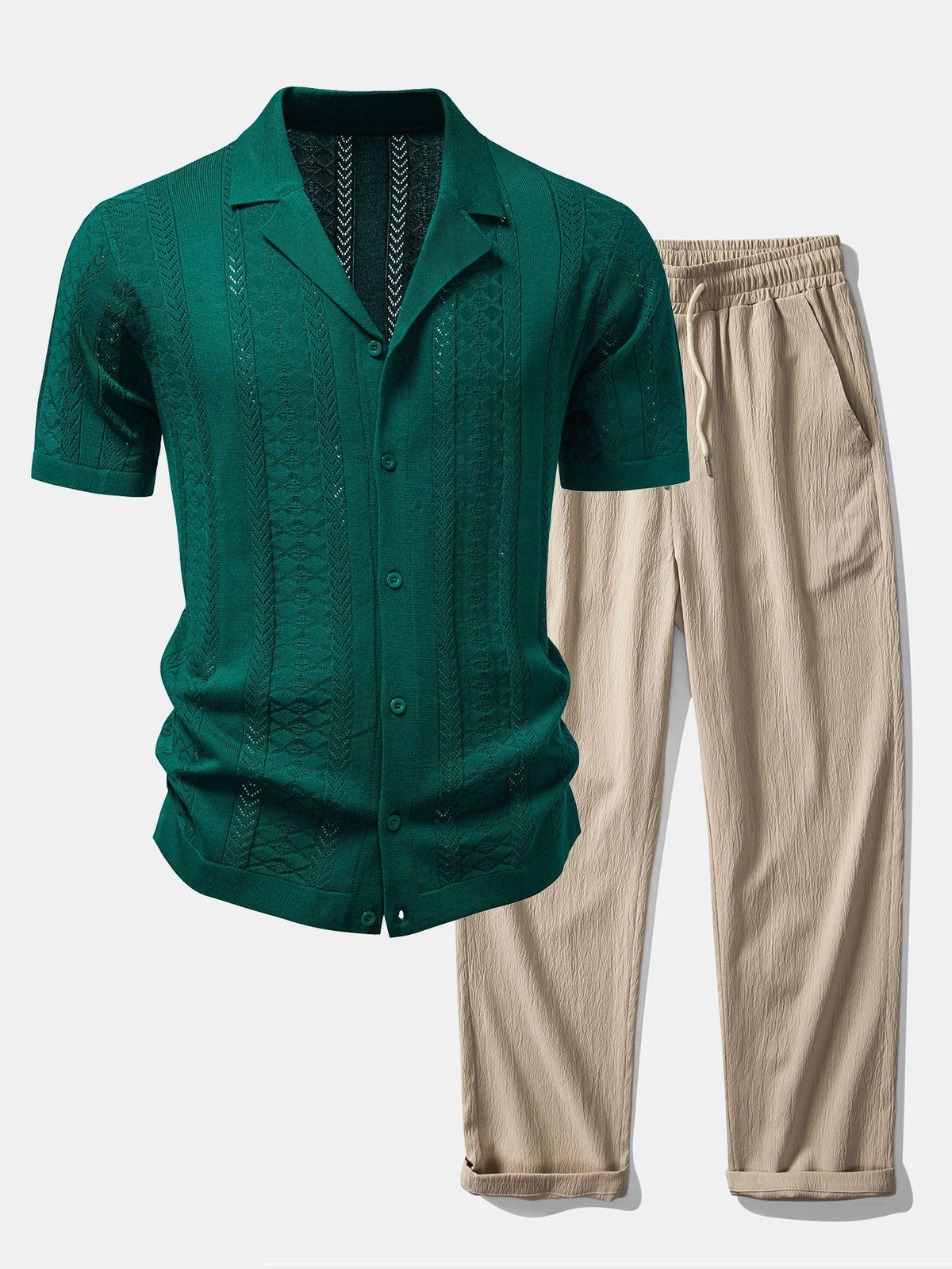 Men’s Viscose Open-Knit Shirt and Crinkle Trousers – Textured Summer Co-Ord