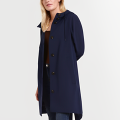 Women’s Longline Button-Front Raincoat – Lightweight Waterproof Hooded Jacket with Drawstring Collar for Wet-Weather Wear