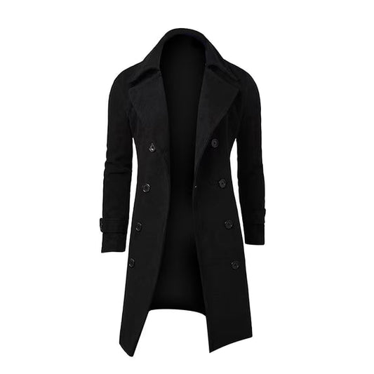 Men’s Double-Breasted Longline Trench Coat – Tailored British-Inspired Layer with Wide Lapels and Cuff Straps