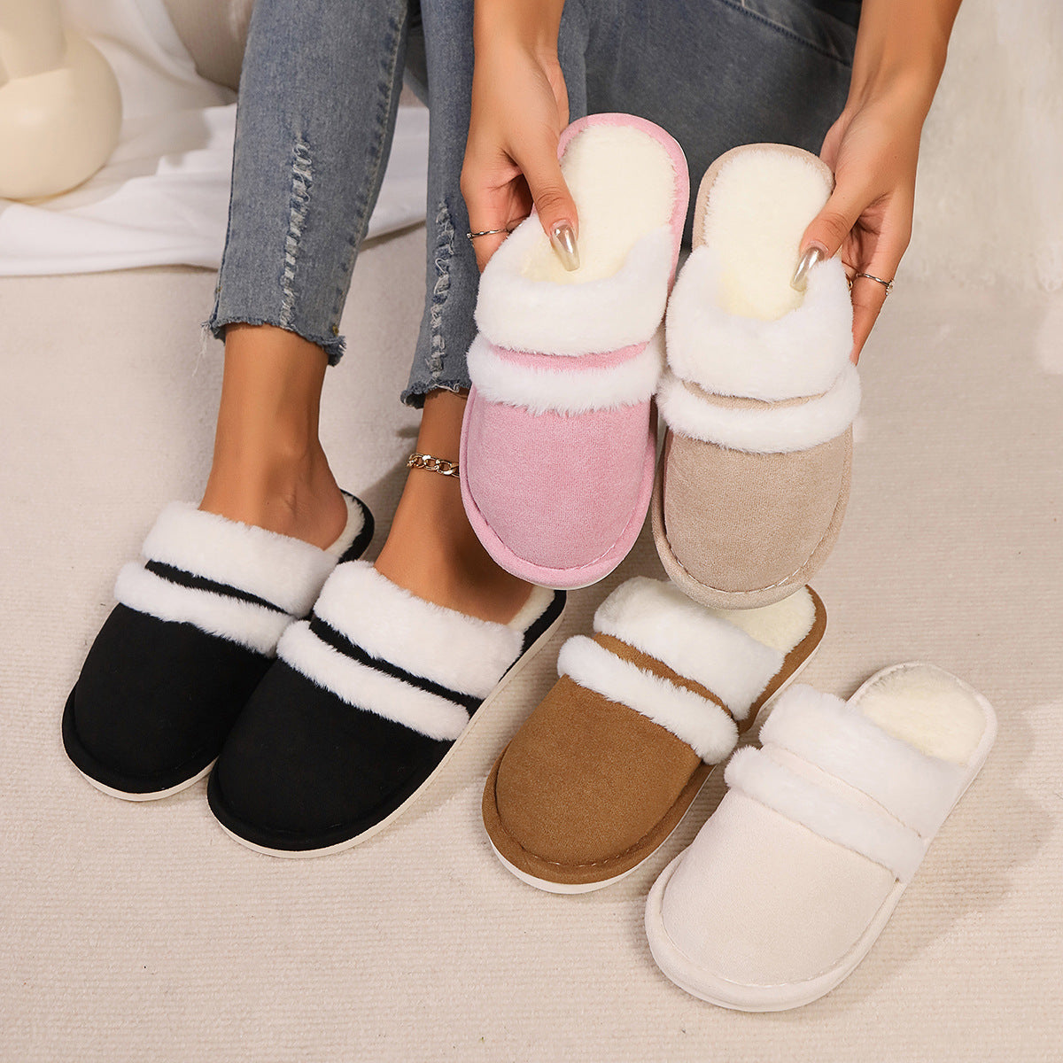 Women's Faux Fur Lined Thick-Sole Platform Clog Slippers - Beige