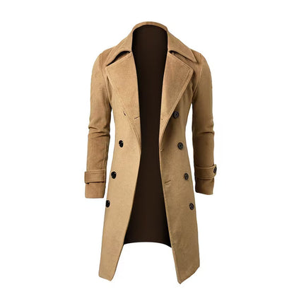 Men’s Double-Breasted Longline Trench Coat – Tailored British-Inspired Layer with Wide Lapels and Cuff Straps