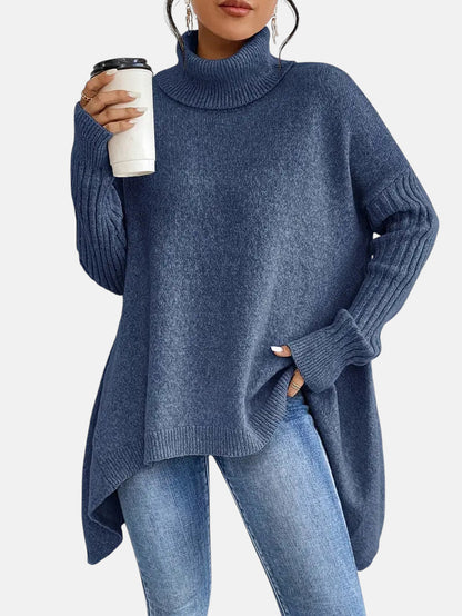 Women’s Oversized Roll-Neck Jumper – Batwing Sleeve Jumper with Dipped Hem