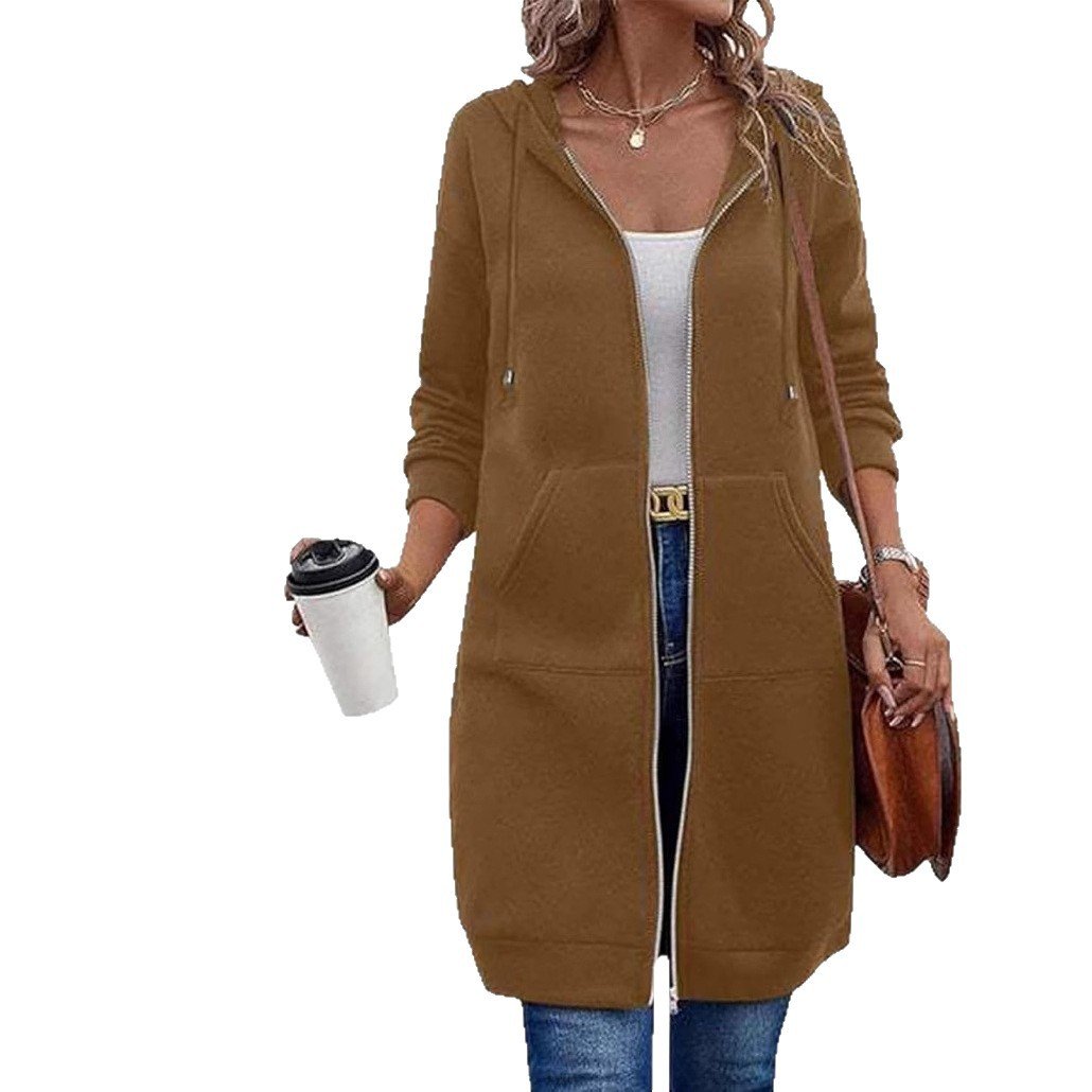 Women’s Longline Zip Hoodie – Knee-Length Brushed Hoodie with Drawcord