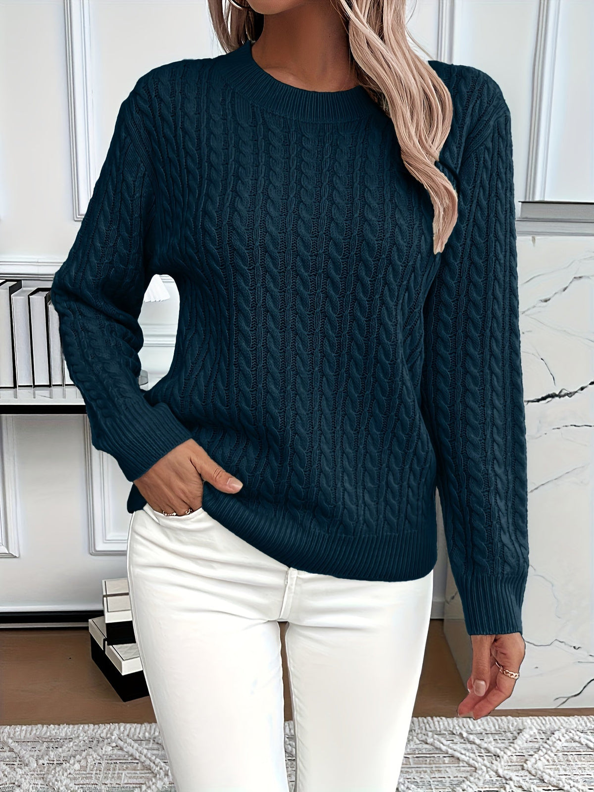 Women’s Knitted Jumper – Cable Pattern with Crew Neck