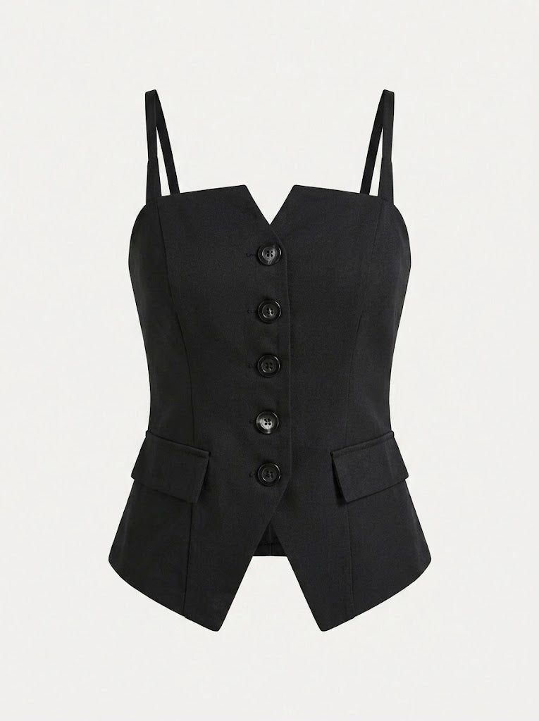 Women’s Tailored Waistcoat Cami Top – Fitted Button-Front Smart Casual Style