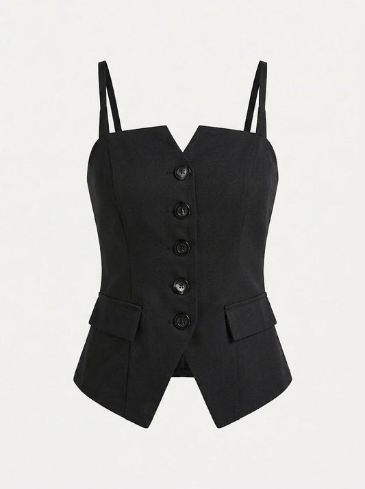 Women’s Tailored Waistcoat Cami Top – Fitted Button-Front Smart Casual Style