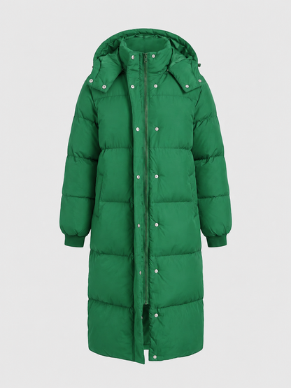 Women’s Extended-Length Hooded Puffer Coat – Insulated Winter Outerwear for Warm Everyday Coverage