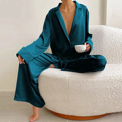 Women’s Relaxed Pyjama Co-Ord Set – Button-Up Long-Sleeve Shirt with Wide-Leg Trousers for Sleep and Lounge Wear