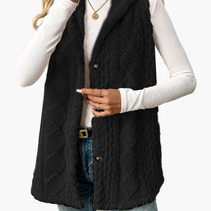 Women’s Long Knitted Waistcoat – Hooded with Button Front
