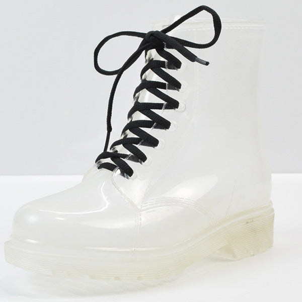 Women’s Transparent Lace-Up Rain Boots – Waterproof PVC Ankle Boots with Non-Slip Sole