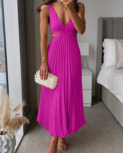 Women’s Pleated Cut-Out Midi Dress – V-Neck Wedding Guest Style for Elegant Events