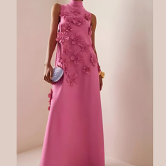Women’s 3D Floral Maxi Dress – High Neck Evening Gown for Weddings and Special Events