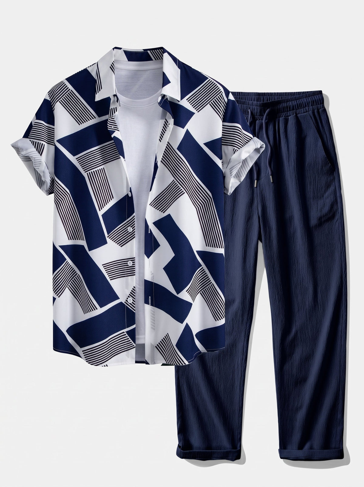 Men’s Printed Shirt Co-Ord – Crinkle Straight-Leg Trousers for Weekend Travel