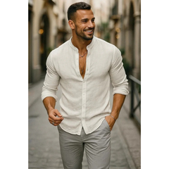 Men’s Collarless Long Sleeve Shirt – Lightweight Summer Style for Holidays and Casual Wear