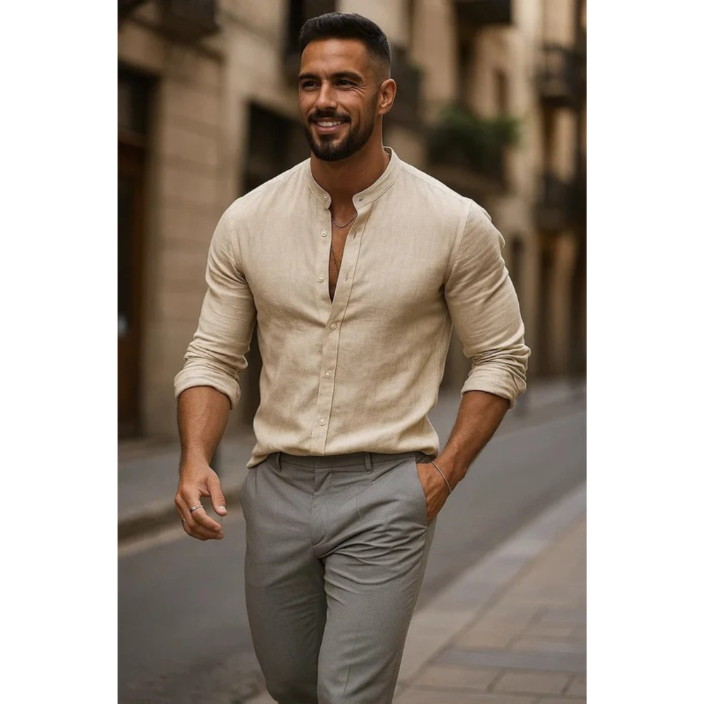 Men’s Collarless Long Sleeve Shirt – Lightweight Summer Style for Holidays and Casual Wear
