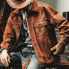 Men’s Vintage Washed Denim Jacket – Relaxed Trucker Layer with Flap Chest Pockets and Distressed Finish