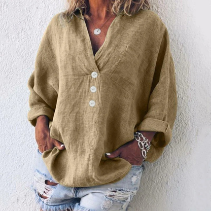 Women’s Linen-Look V-Neck Blouse – Relaxed Long-Sleeve Top for Everyday Wear